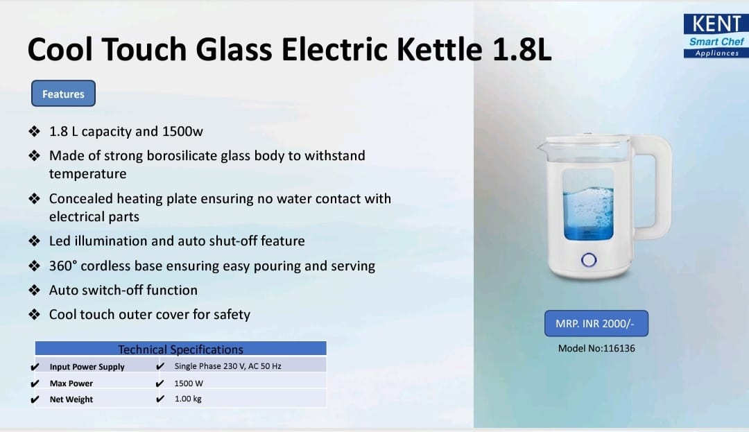 kent cool touch glass electric kettle 1.8l